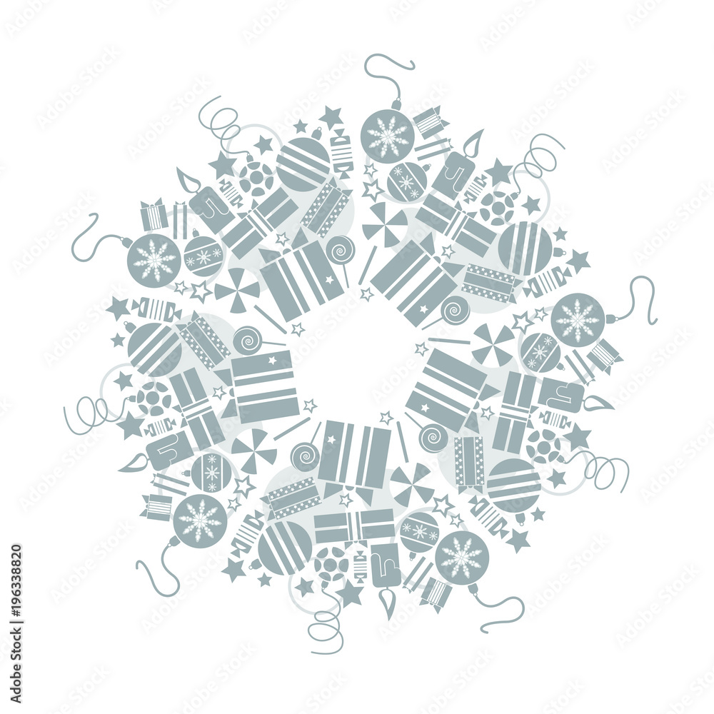 Christmas grey wreath with many toys and presents. Isolated on white background. Christmas grey wreath with many toys and presents. Isolated on white background.