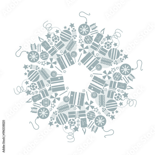 Christmas grey wreath with many toys and presents. Isolated on white background.