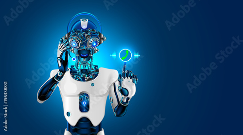 Robot head with headset. Robot receives the call. The Bot talk with customer on phone or chat. Web sait assistant. Automatic call center. Futuristic concept. photo