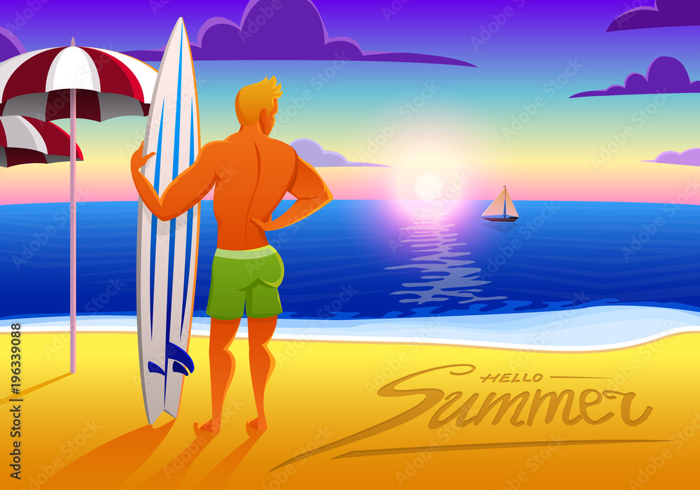Surfer on the ocean beach at sunset with surfboard. vector illustration, vintage effect. sports man on weekends, healthy lifestyle, concept.