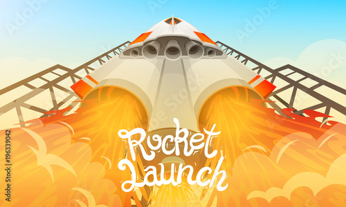 Rocket launch. International spaceship, shuttle in space, bottom view. Technology and science, spaceship or ship in the sky. concept. explore missile, engine flame.