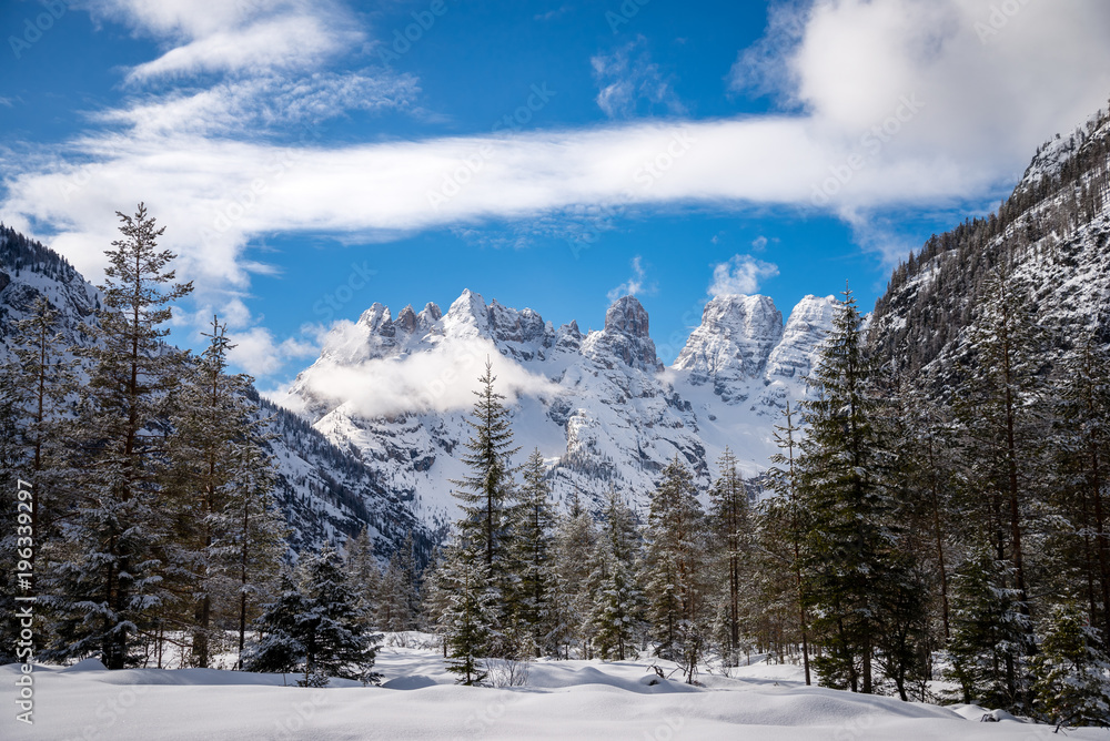 Beautiful peaks of snowy mountains in the Italian Alps, Drei Zinnen Dolomites