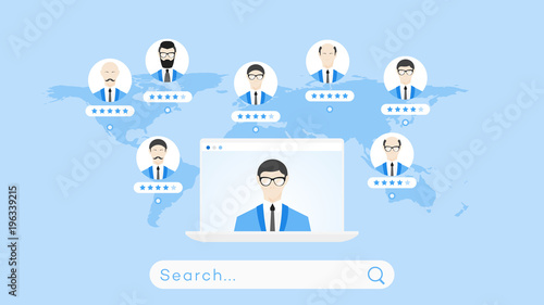 Global Searching On The Worldmap. Conceptual Flat Vector Illustration For Online Education Or Staff Recruitment
