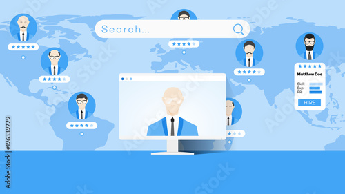 Global Searching On The Worldmap. Conceptual Flat Vector Illustration For Online Education Or Staff Recruitment