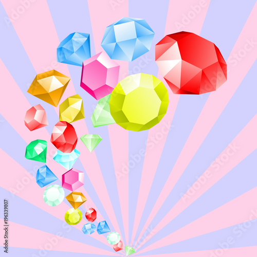 Diamonds. Rainbow of Gemstones. Fashion jewelry. Abstract multicolor background in pastel colors with rays. Vector illustration of geometric colorful shapes, multifaceted objects in candy colors.