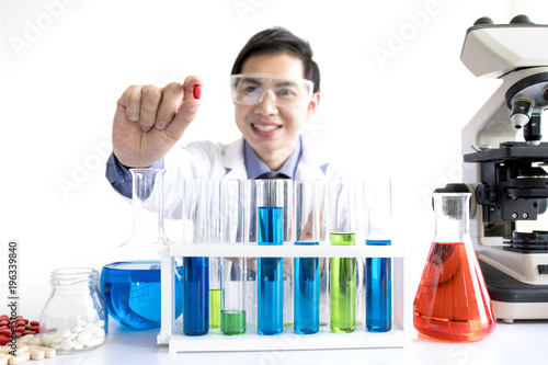 Medicine drug researcher working in lab on white background for comercial background