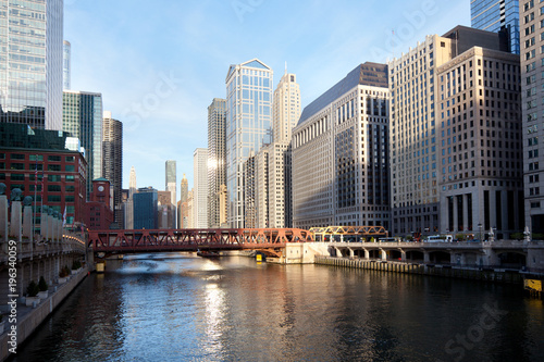 Chicago, Illinois, United States - May 04, 2011: View of Chicago River at at downtown at sunrise.