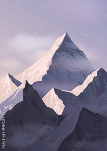 Canvas Print Spectacular landscape with mountain crests or picks covered with snow and shroud