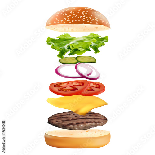 Realistic delicious 3D burger with flying ingredients isolated on white background. Fast Food Vector illustration