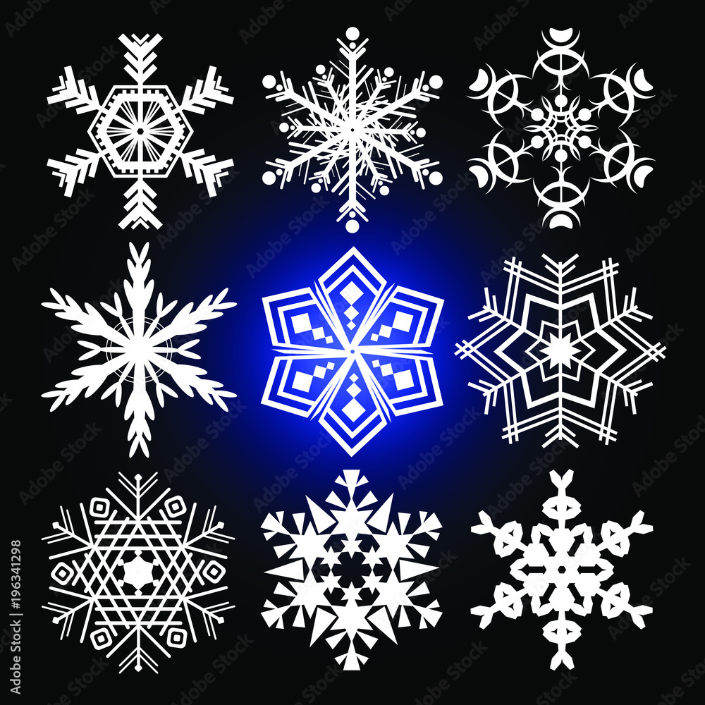 Vector white snowflake set. Isolated on black gradient background.