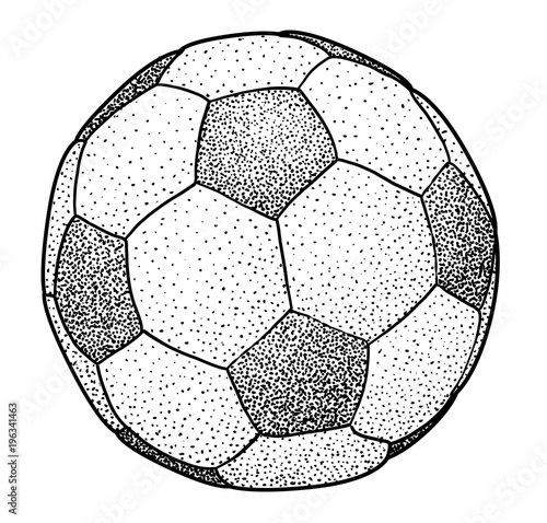 Soccer ball illustration, drawing, engraving, ink, line art, vector