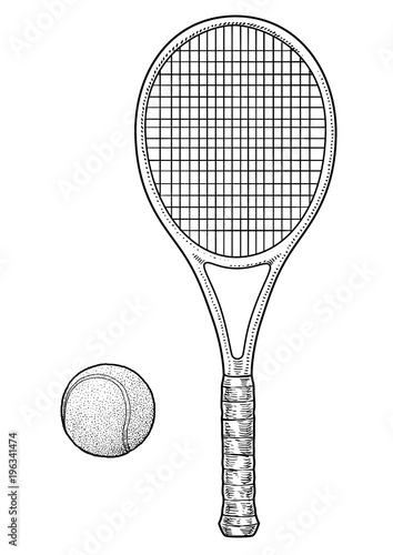 Tennis racket and ball illustration, drawing, engraving, ink, line art, vector