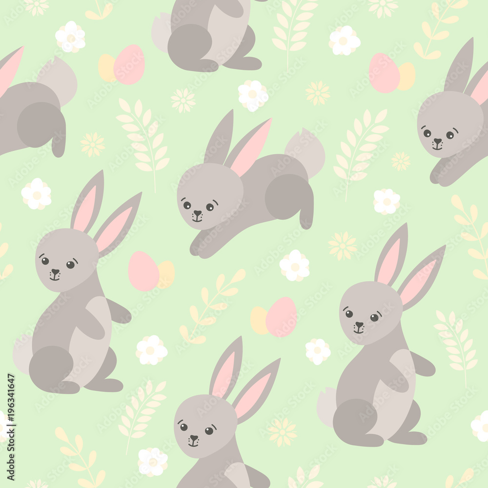 Happy Easter background vector. Cute seamless pattern with funny bunny for kids egg hunt party. Rabbit illustration. Spring design for wrapping paper, poster, banner, flyer, greeting card, invitation.