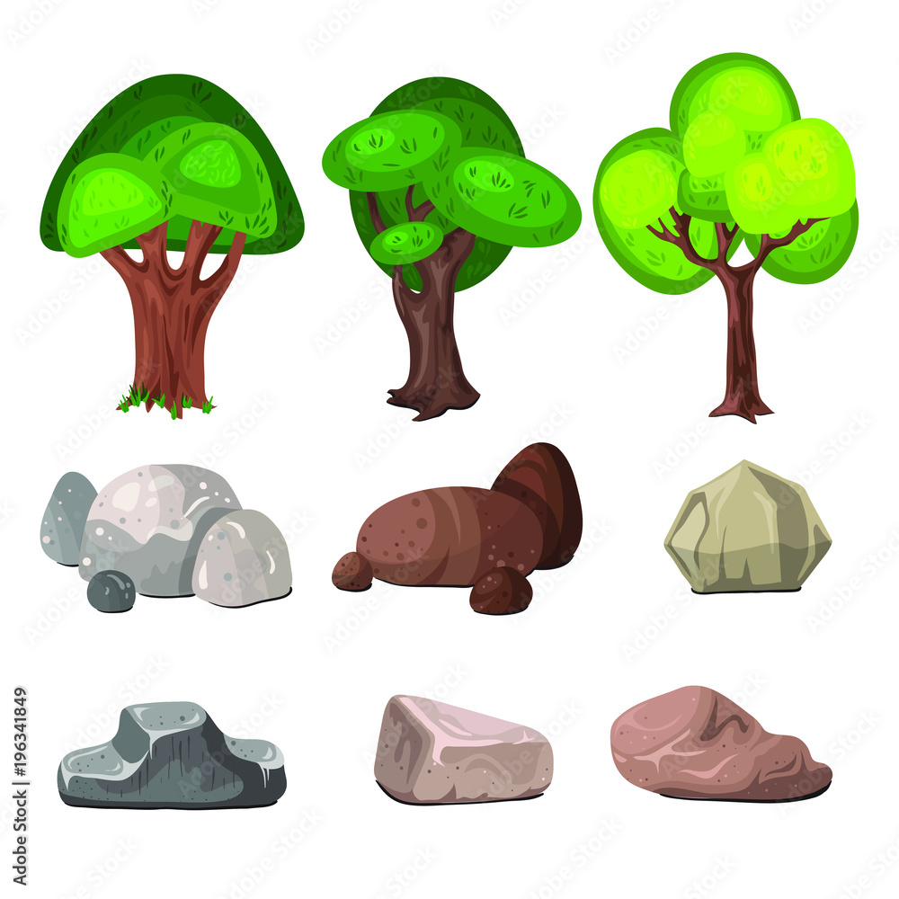 Fototapeta Vector deciduous trees and stones decoration for park and garden elements set. Isolated on white background flat vector illustration.