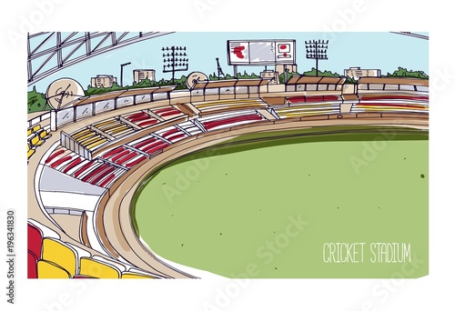 Colorful drawing of cricket stadium with rows of seats, electronic scoreboard and green grassy field