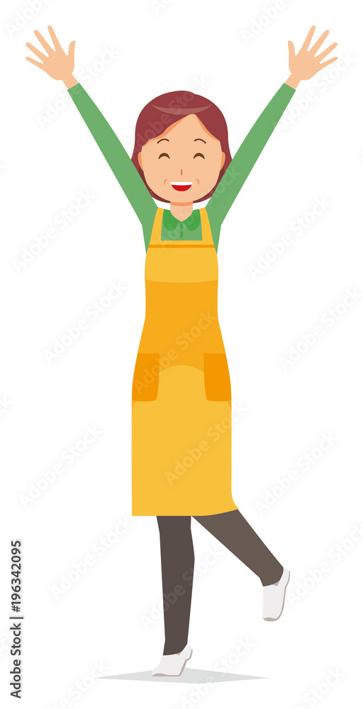 A middle-aged housewife wearing an apron is putting up both hands