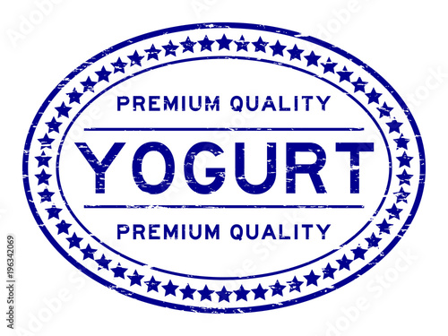 Grunge blue premium quality yogurt oval round rubber seal stamp on white background