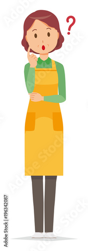 A middle-aged housewife wearing an apron is thinking