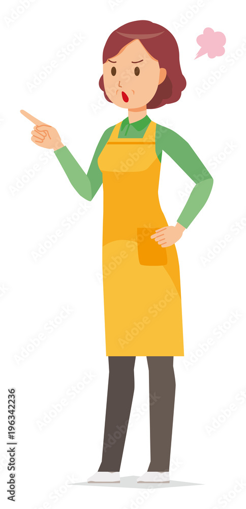 A middle-aged housewife wearing an apron is angrily pointing to a finger A middle-aged housewife wearing an apron is angrily pointing to a finger
