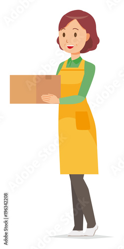 A middle-aged housewife wearing an apron has a box