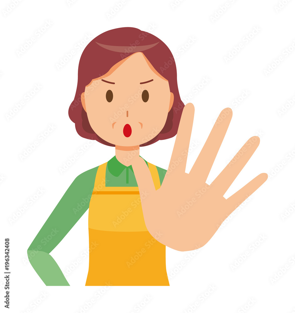 A middle-aged housewife wearing an apron is stop gesture A middle-aged housewife wearing an apron is stop gesture