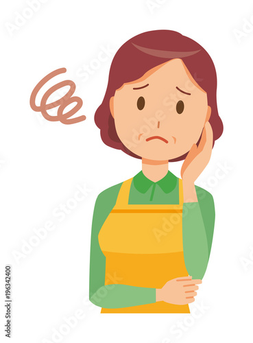 A middle-aged housewife wearing an apron  is in trouble