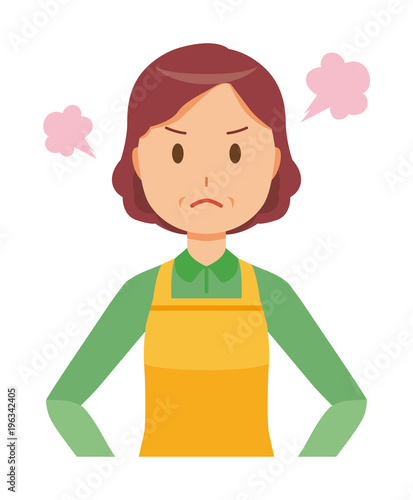 A middle-aged housewife wearing an apron is angry