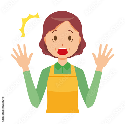 A middle-aged housewife wearing an apron is surprised
