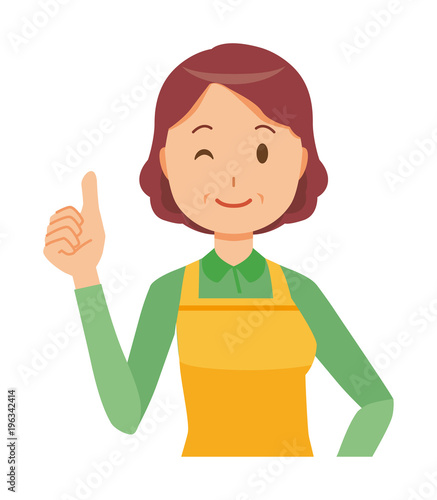A middle-aged housewife wearing an apron is showing thumbs up