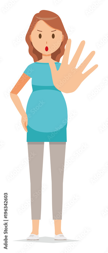 A pregnant woman wearing green clothes is stop gesture A pregnant woman wearing green clothes is stop gesture