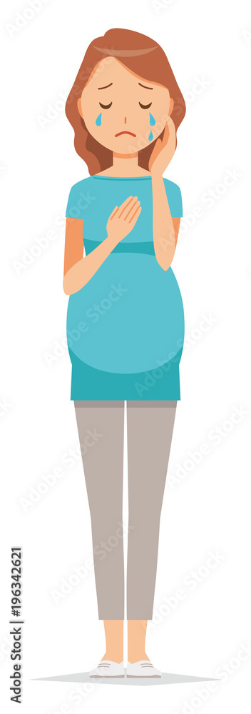 A pregnant woman wearing green clothes is crying A pregnant woman wearing green clothes is crying