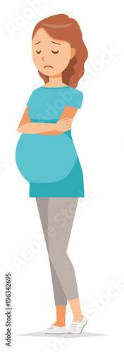 A pregnant woman wearing green clothes is depressed