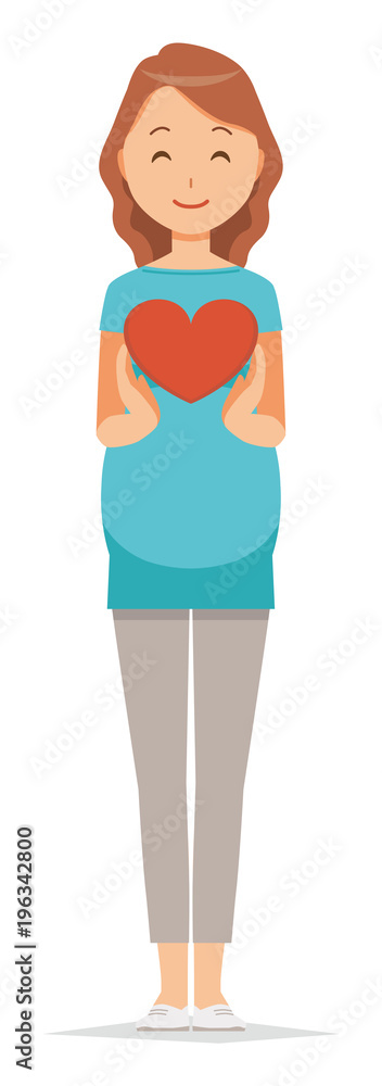A pregnant woman wearing green clothes has a heart mark A pregnant woman wearing green clothes has a heart mark