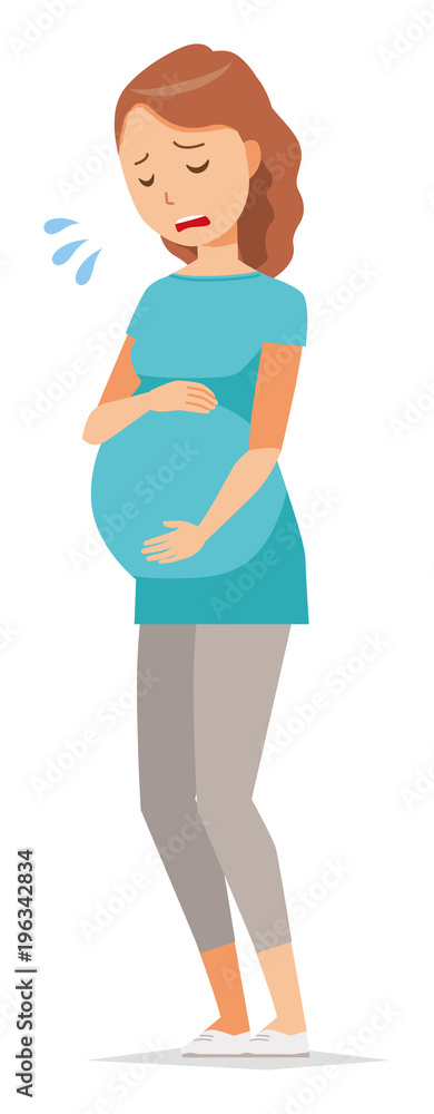 A pregnant woman wearing green clothes is holding her belly A pregnant woman wearing green clothes is holding her belly