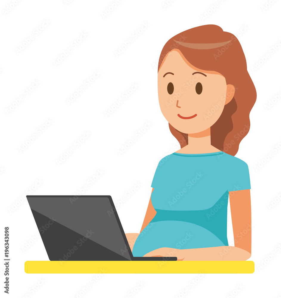 A pregnant woman wearing green clothes is operating a laptop computer A pregnant woman wearing green clothes is operating a laptop computer
