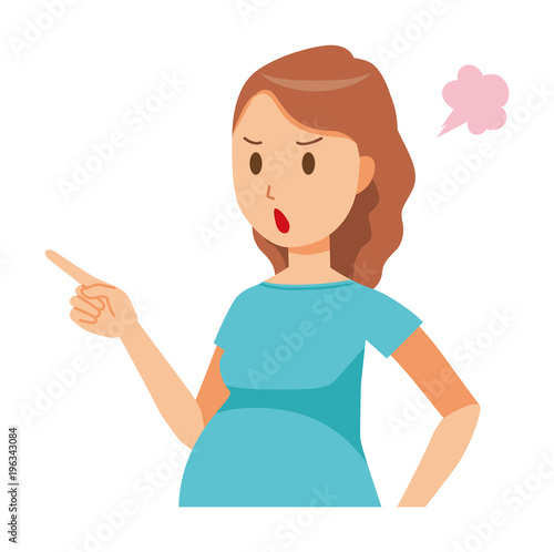 A pregnant woman wearing green clothes is angrily pointing to a finger