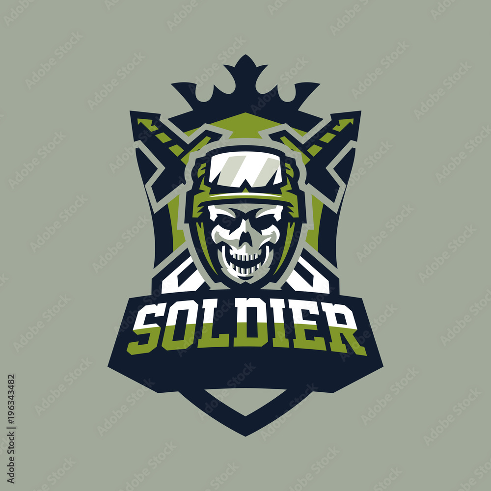 Emblem, badge, logotype military skull, helmet with tactical goggles and swords. Soldier, weapon, warrior, shield, lettering. Vector illustration