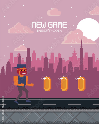 Pixelated city videogame fight scenery with coins