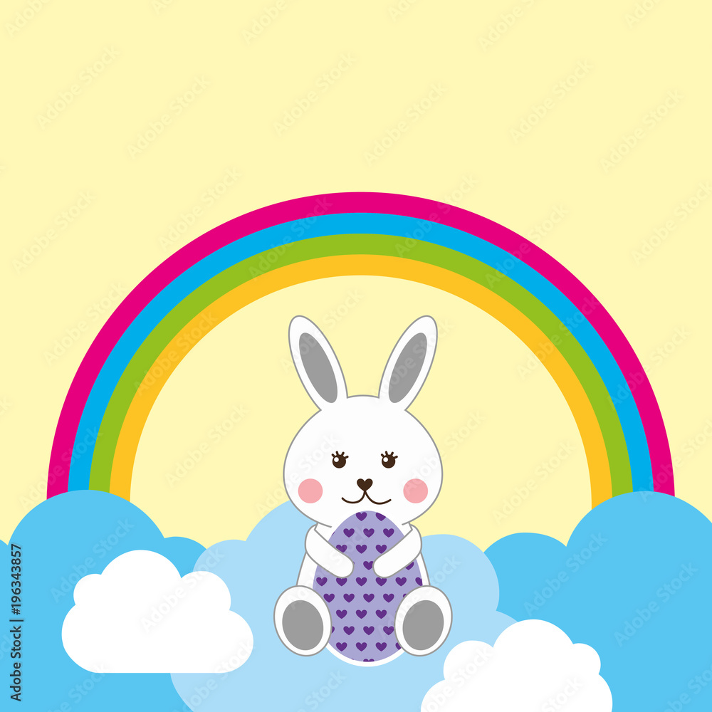 Fototapeta premium cute rabbit sitting in clouds decorative egg and rainbow vector illustration