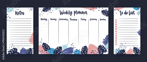 Personal weekly planner with week days, sheet for notes and to do list templates decorated with colorful paint smears and exotic monstera leaves. Planning and scheduling. Vector illustration.