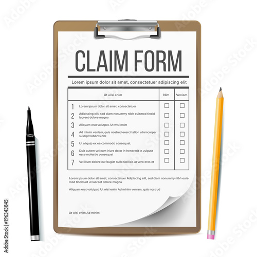 Claim Form Vector. Business Document. Accident Snd insurance Concept. Realistic Illustration