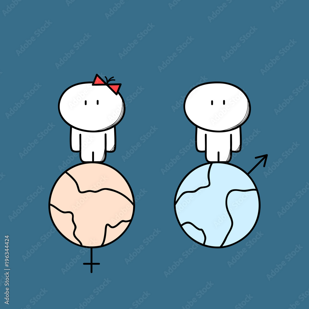 Cute man and woman on the different in space. Male and female