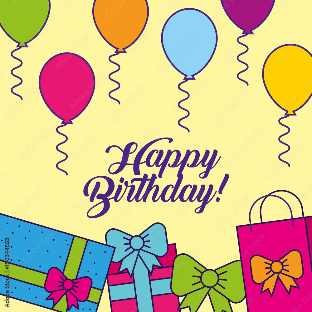 happy birthday colored balloons and stack gift boxes vector ...