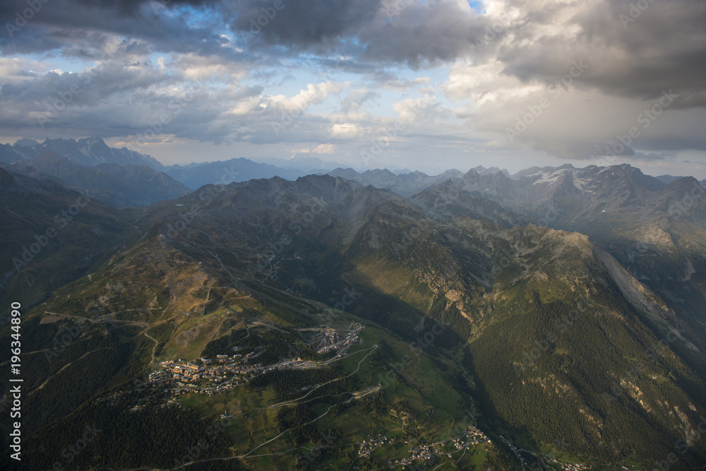 Aerial image at sunset over amazing mountain landscapes at Parc national de la Vanoise Aerial image at sunset over amazing mountain landscapes at Parc national de la Vanoise