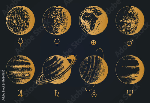 Solar system infographics in vector. Hand drawn illustration of eight planets