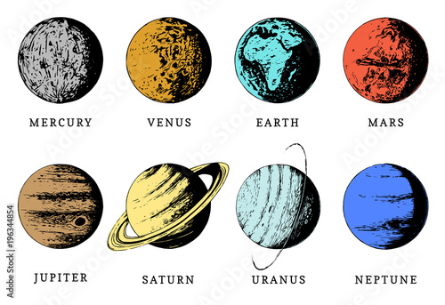 Solar system infographics in vector. Hand drawn illustration of eight planets