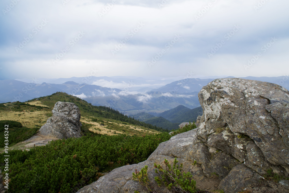 Summer landscape with Carpathian Mountains, Europe. High mountain peaks.