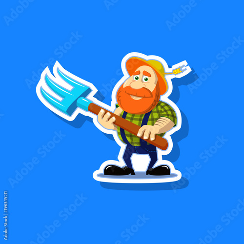 colored vector illustration of a cute cartoon farmer with a pitchfork