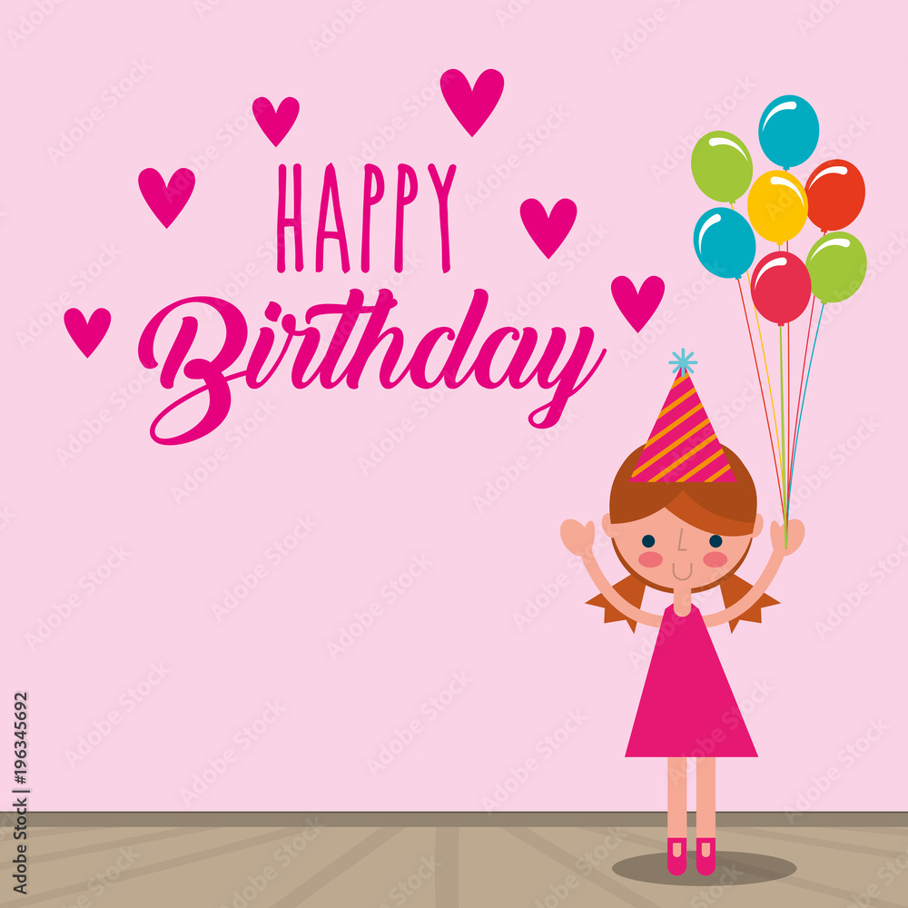 cute girl holding bunch balloons decoration - happy birthday card vector illustration cute girl holding bunch balloons decoration - happy birthday card vector illustration