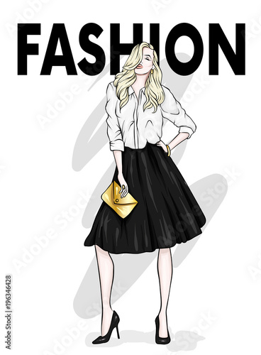 A tall, slender girl in a midi skirt, a blouse, high-heeled shoes and a clutch. Vector illustration. Clothing and accessories, fashion and style. Eps 10.